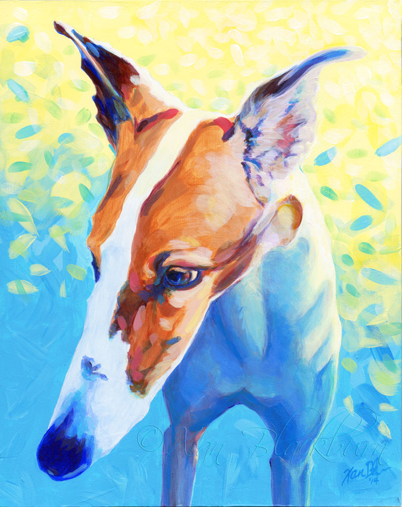 "Cole" (greyhound) 8" x 10" acrylic on panel, © Xan Blackburn